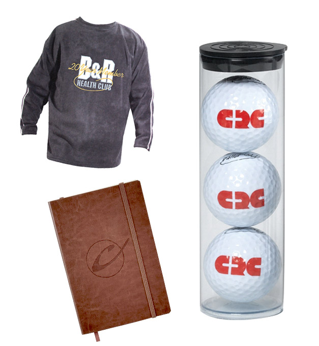 A variety of promotional materials including a sweatshirt, binder and custom golf balls