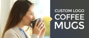 Woman drinking from a custom logo coffee mug