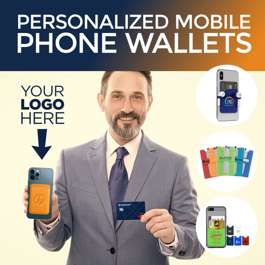 Business man holding an iPhone with a personalized phone wallet with HP logo. 3 additional custom phone wallets shown beside him.
