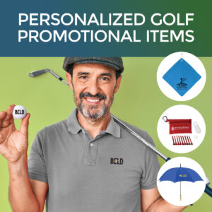 Golf Promotional Items Cover - Man holding personalized golf ball wearing custom embroidered golf polo