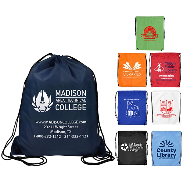Polyester Drawstring Backpack in 8 colors. Featuers imprinted logo. Min quantity 5000
