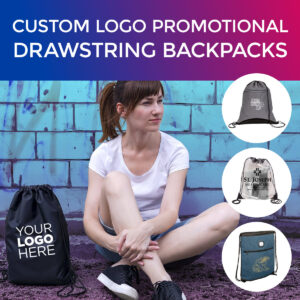 Hipster women sitting next to a wall with a promotional drawstring backpack. Backpack reads "your logo here"