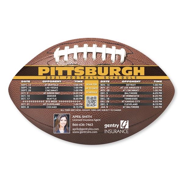 Football-shaped schedule magnet with custom logo