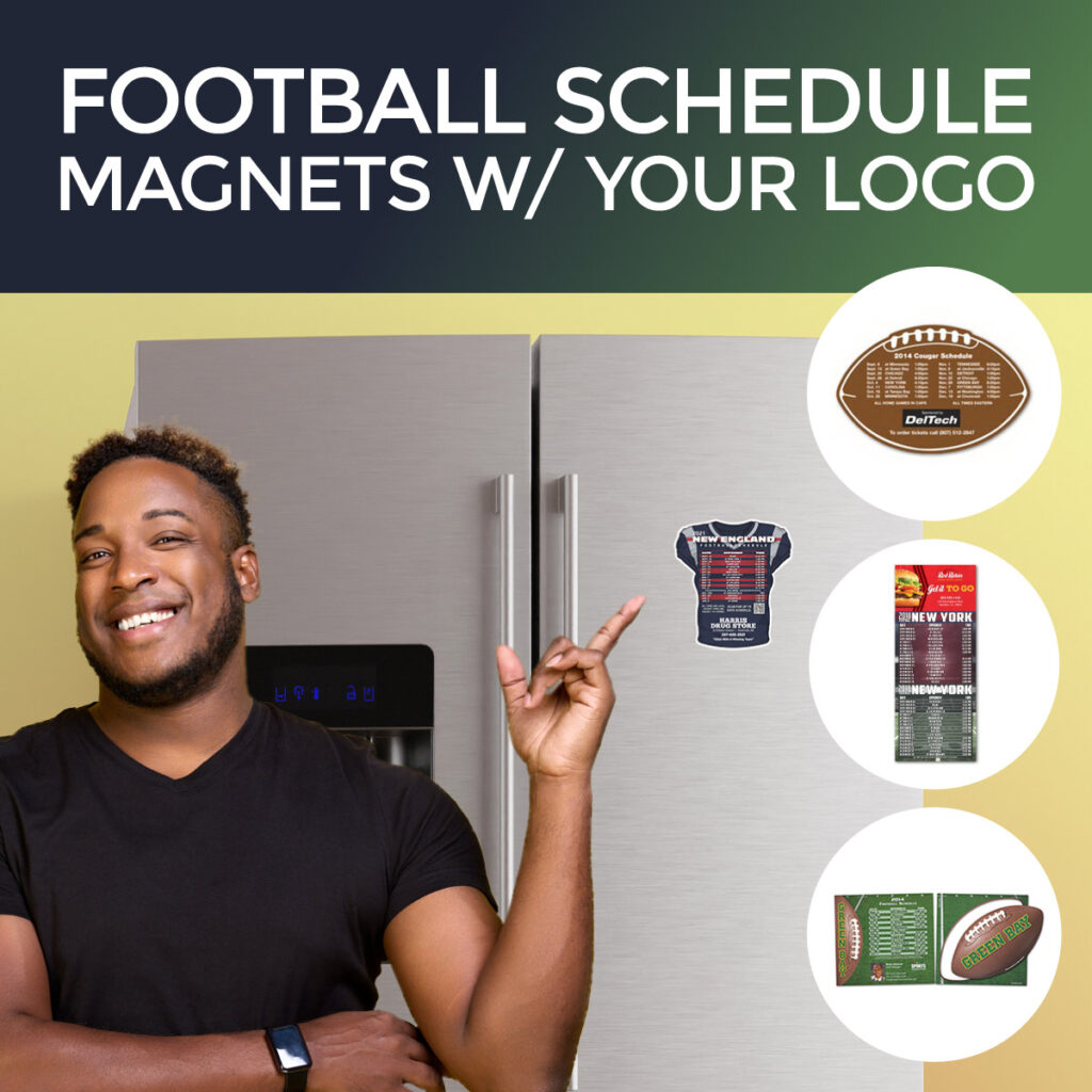 Happy man pointing at a refrigerator with a football schedule magnet attached
