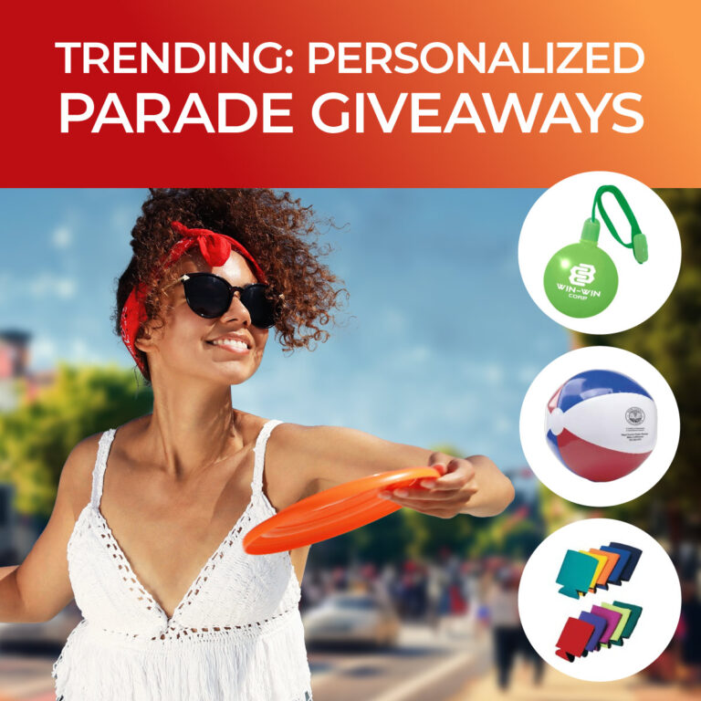 Happy woman throwing a personalized frisbee at a parade - headline "Trending: Personalized Parade Giveaways"