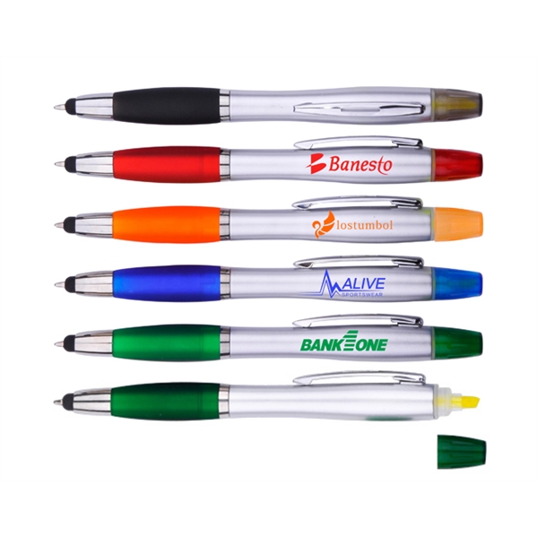 Multi-purpose Promotional Pens in black, read, orange, blue and green.