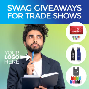 Business man with custom logo pen and journal - Headline "Swag Giveaways for Trade Shows"
