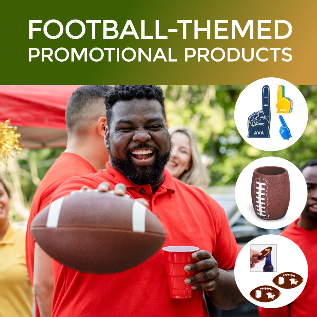 Excited man at a tailgate holding a red cup and football. Headline reads, "football-themed promotional items"