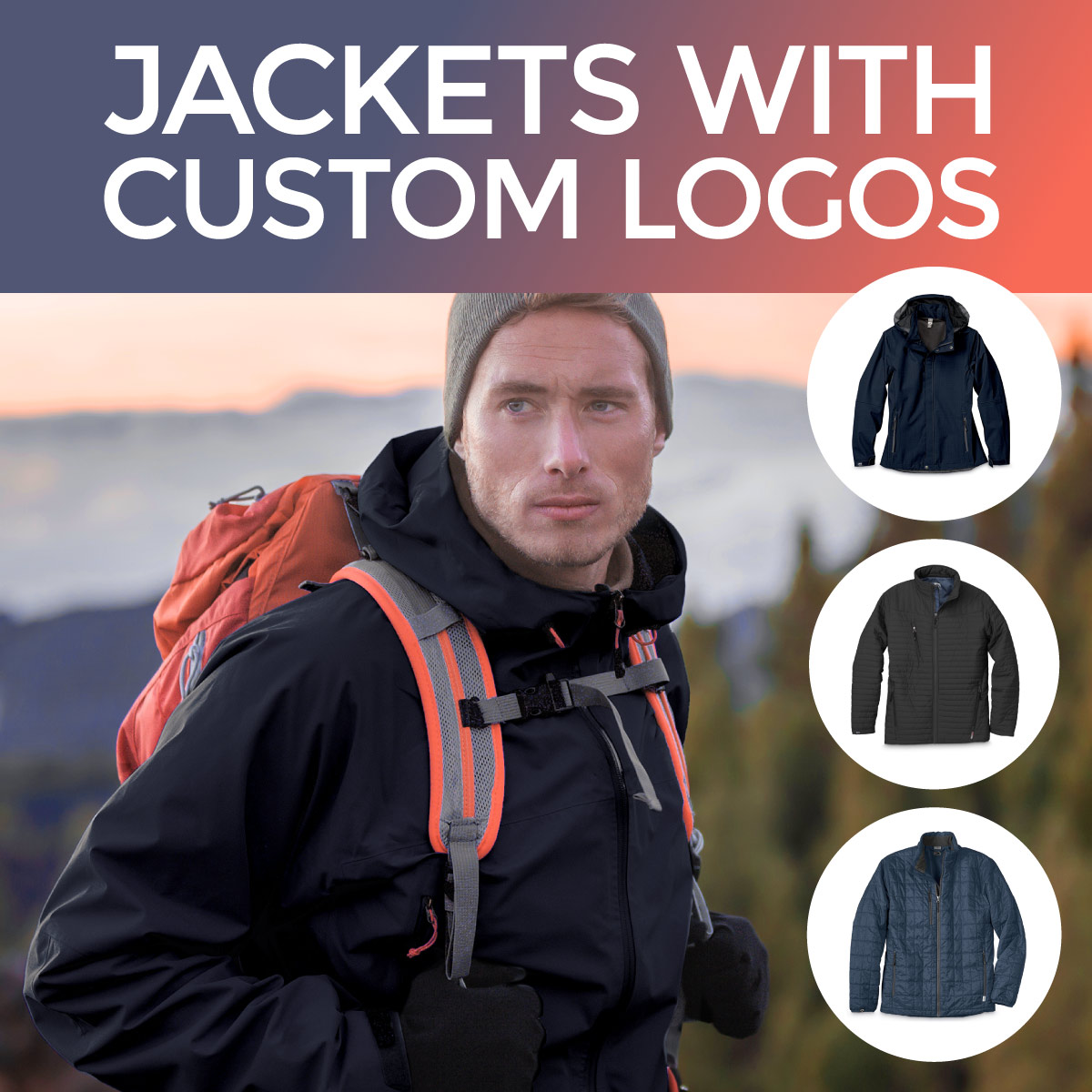 Hiker man wearing a custom logo jacket with mountains in the background