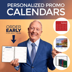 Personalized Promotional Calendars - Older gentleman holding weekly calendar with custom logo