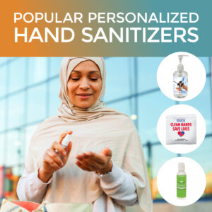 Woman applying hand sanitizer using a personalized hand sanitizer spray bottle