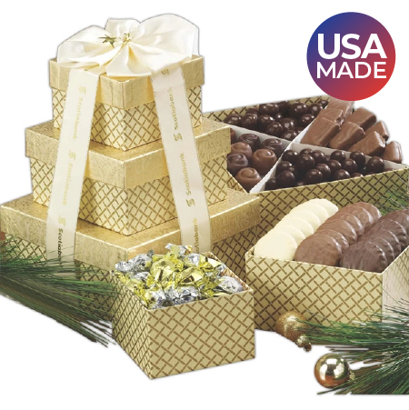Chocolate Lovers Gift Tower with Assorted Chocolates and Nuts made in the USA