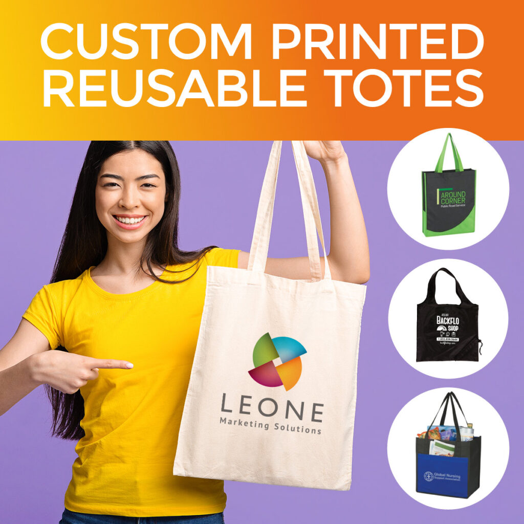 Happy woman holding a custom printed reusable tote with business logo