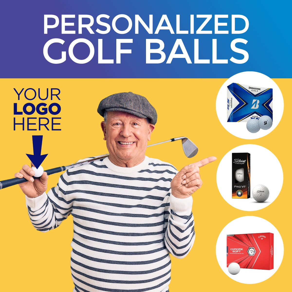 Old man with Irish had holding a golf ball and golf club. headline reads personalized golf balls.
