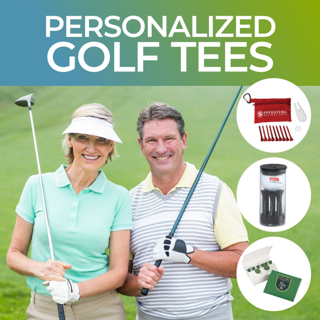 Golfing couple posing - Headline reads Personalized Golf Tees - 3 promotional golf tee products