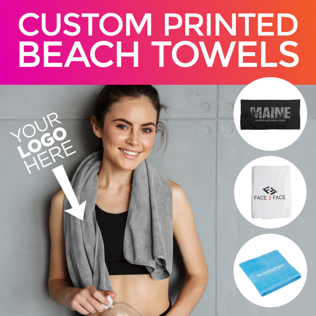 Young girl posing after a workout with custom printed beach towel. 3 alternate towels on the side in bubbles