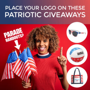 Woman waving American flags and pointing to patriotic giveaways with imprinted logos