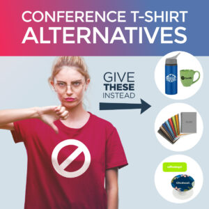 Disappointed conference attendee giving a thumbs down while wishing they received a better alternative gift