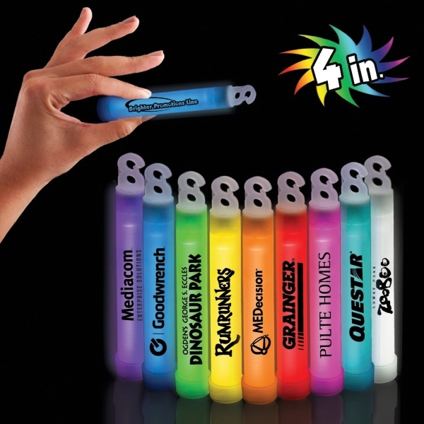 purple, blue, green, yellow, orange, read, pink, cyan, and white 4" light sticks with custom logo