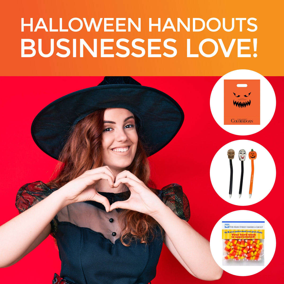 Halloween Handouts Businesses love featuring image of woman wearing halloween costume and 3 promotional products