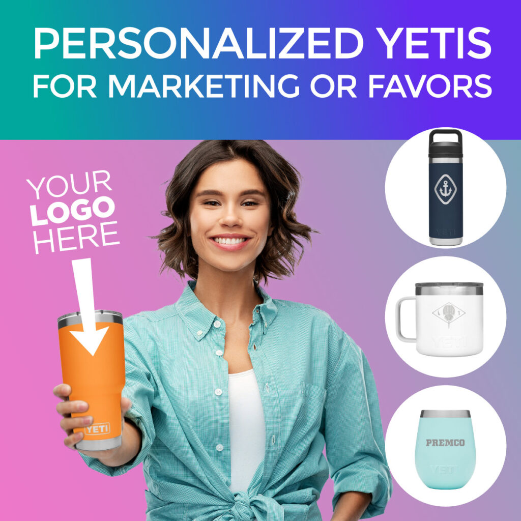 Woman holding a custom logo YETI with arrow and "your logo here" - flanked by 3 additional styles of custom YETI drink ware.