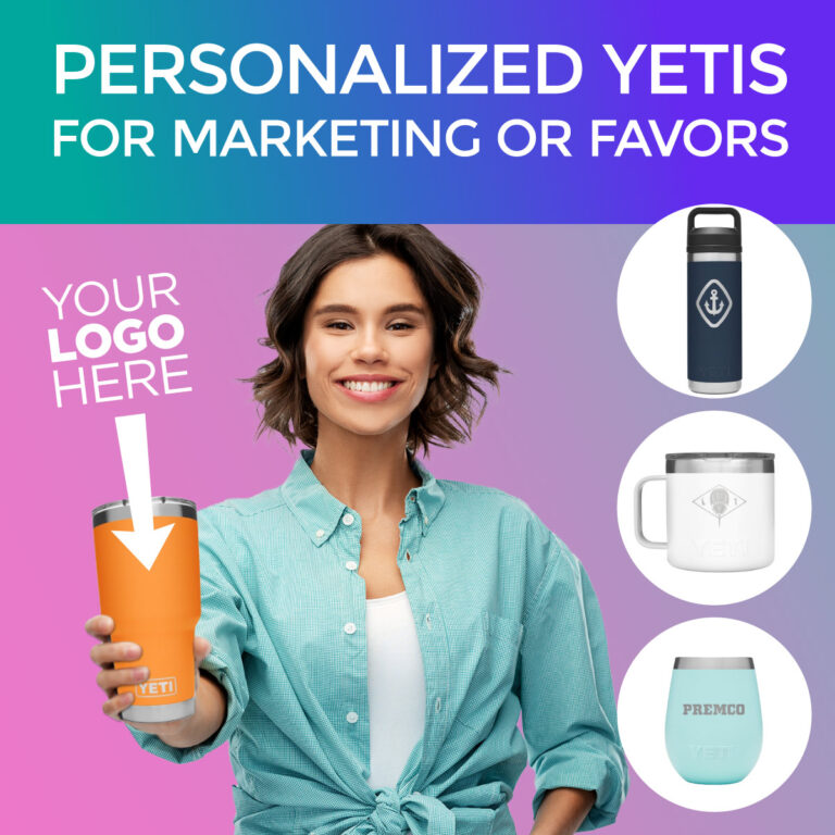 Woman holding a custom logo YETI with arrow and "your logo here" - flanked by 3 additional styles of custom YETI drink ware.