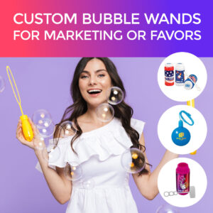 Woman blowing bubbles from custom bubble wand.