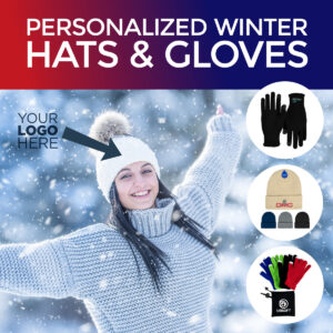 Woman in the snow wearing personalized winter hat and gloves