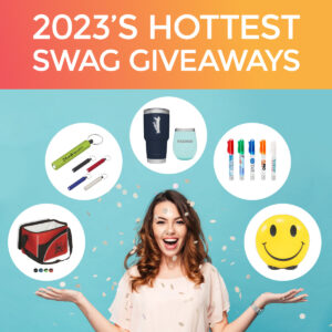 Woman throwing confetti with popular custom promotional items around her. Headline, "2023's Hottest swag giveaways"