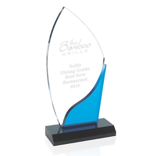 Blue Accent award with black based and etched crystal top
