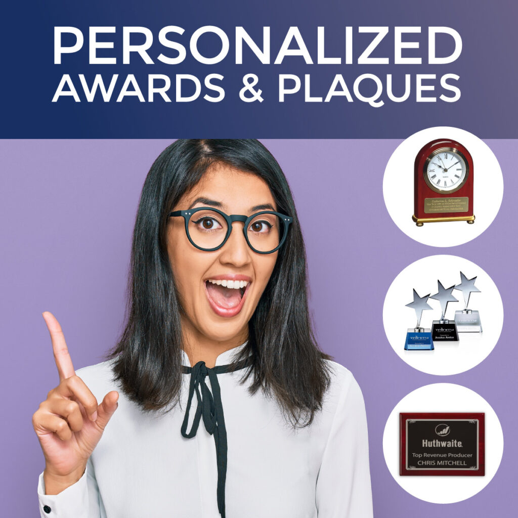 Young professional Asian woman pointing at 3 items. An award clock with recipients name, a trophy with with a logo, and a wall plaque with awardees name. Headline reads, "Personalized Awards and Plaques"