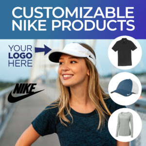Woman wearing a white Nike Dri-Fit Visor - Headlines "Customizable Nike Products"