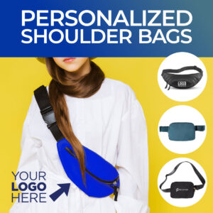 Teenager wearing a blue crossbody shoulder bag with logo. 3 additional bags are show beside her and the headline reads "Personalized Shoulder bags"