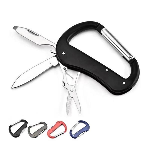 multitool carabiner with knife, bottel opener, and scissors