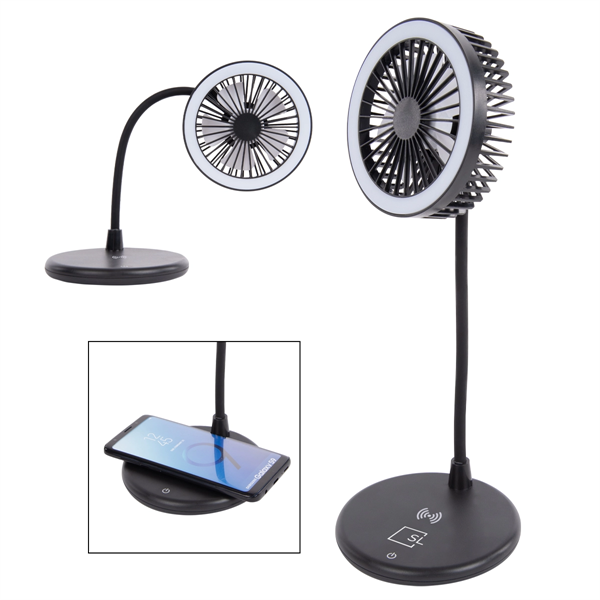 Desktop fan with ring light and wireless charger