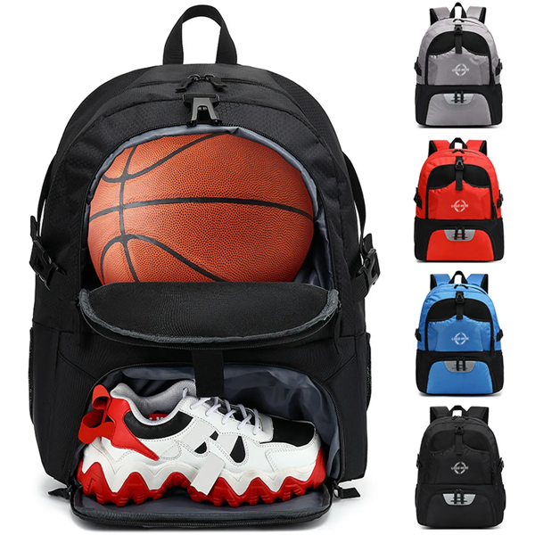 Athletic backpack with ball and shoes compartment