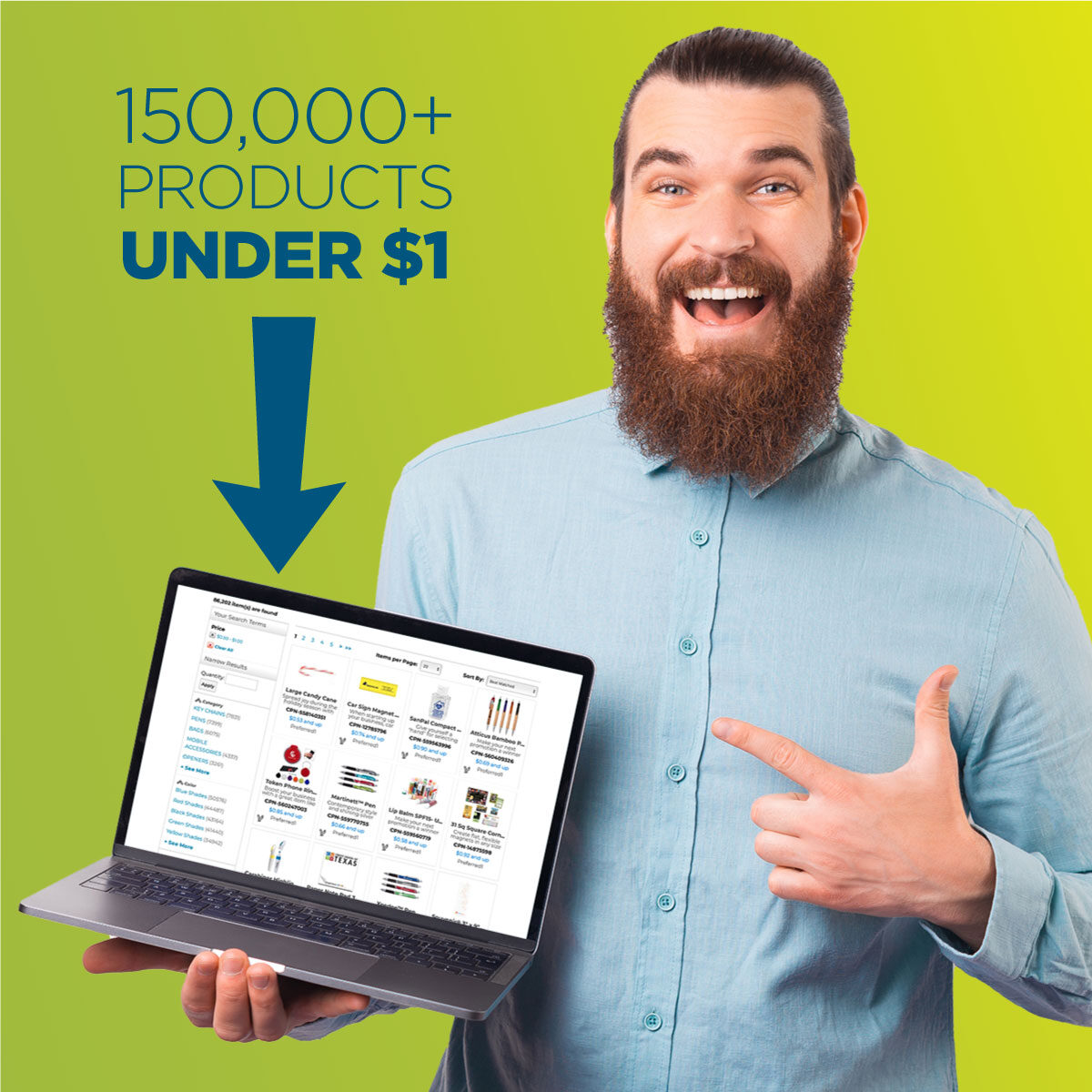 Man with laptop point at screen - text reads 150,000 products under $1