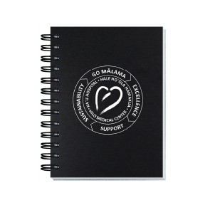 Black spiral notebook for educational or conference giveaway