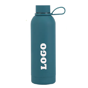 Blue insulated bottle with white screen-printed logo available in bulk