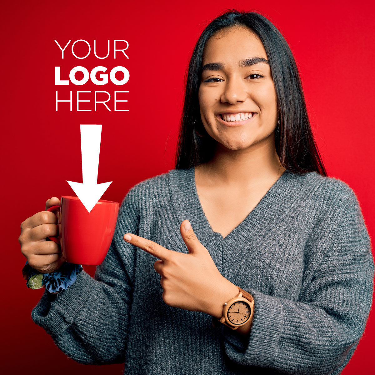 Young woman holding a mug - arrow pointing down with text "your logo here"