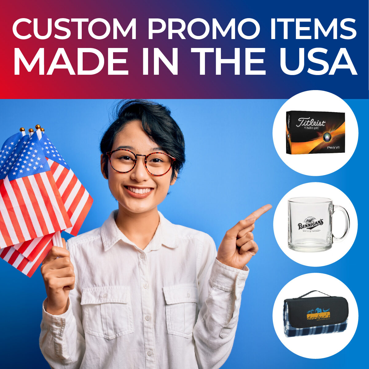 Woman with american flags pointing at American Made promotional products